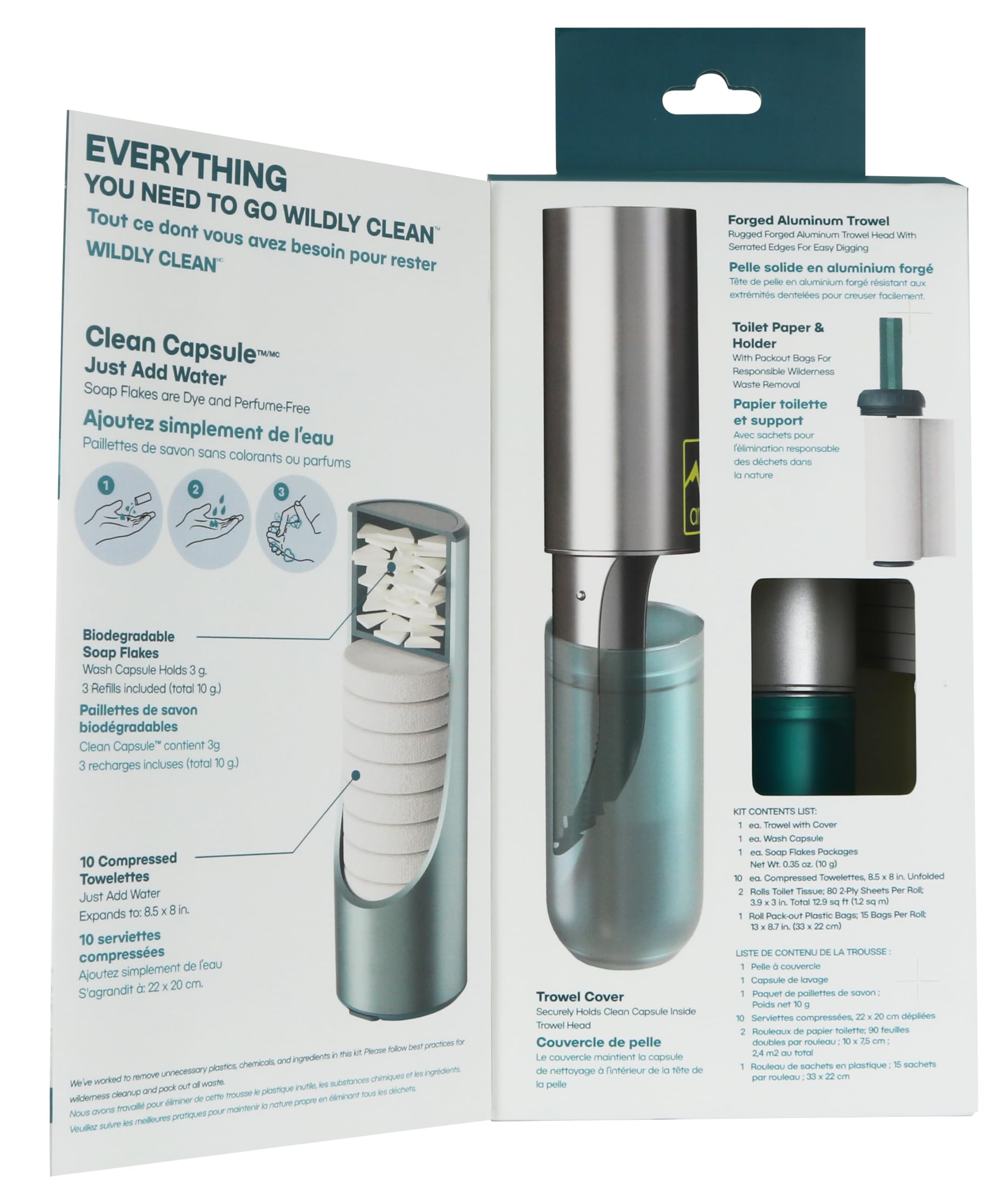AR Adventure Ready kit hung from a tree for hands-free bathroom access.
