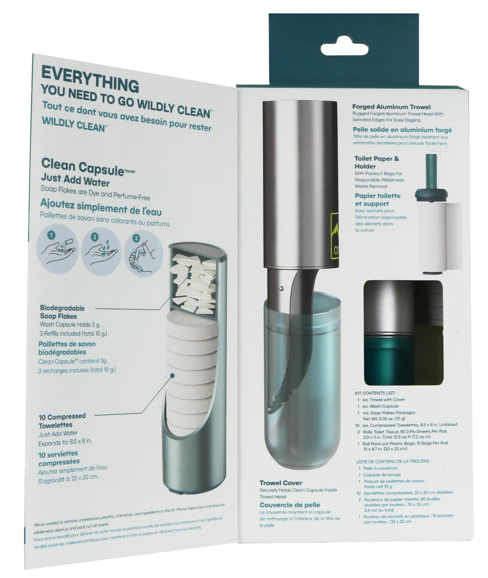AR Adventure Ready kit hung from a tree for hands-free bathroom access.