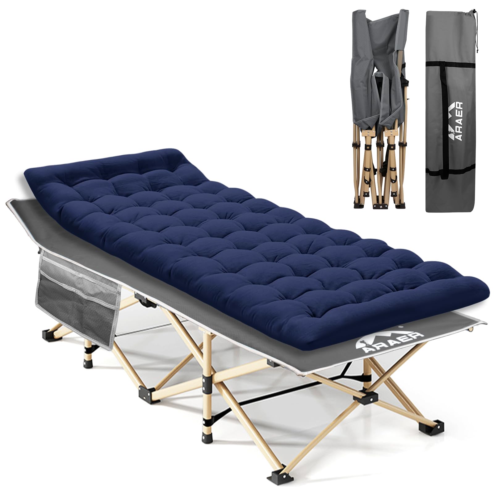 ARAER camping cot with mattress folded compactly for travel and storage.