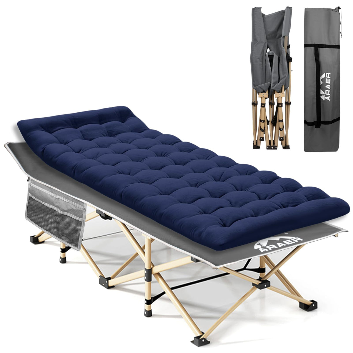 ARAER camping cot with mattress folded compactly for travel and storage.