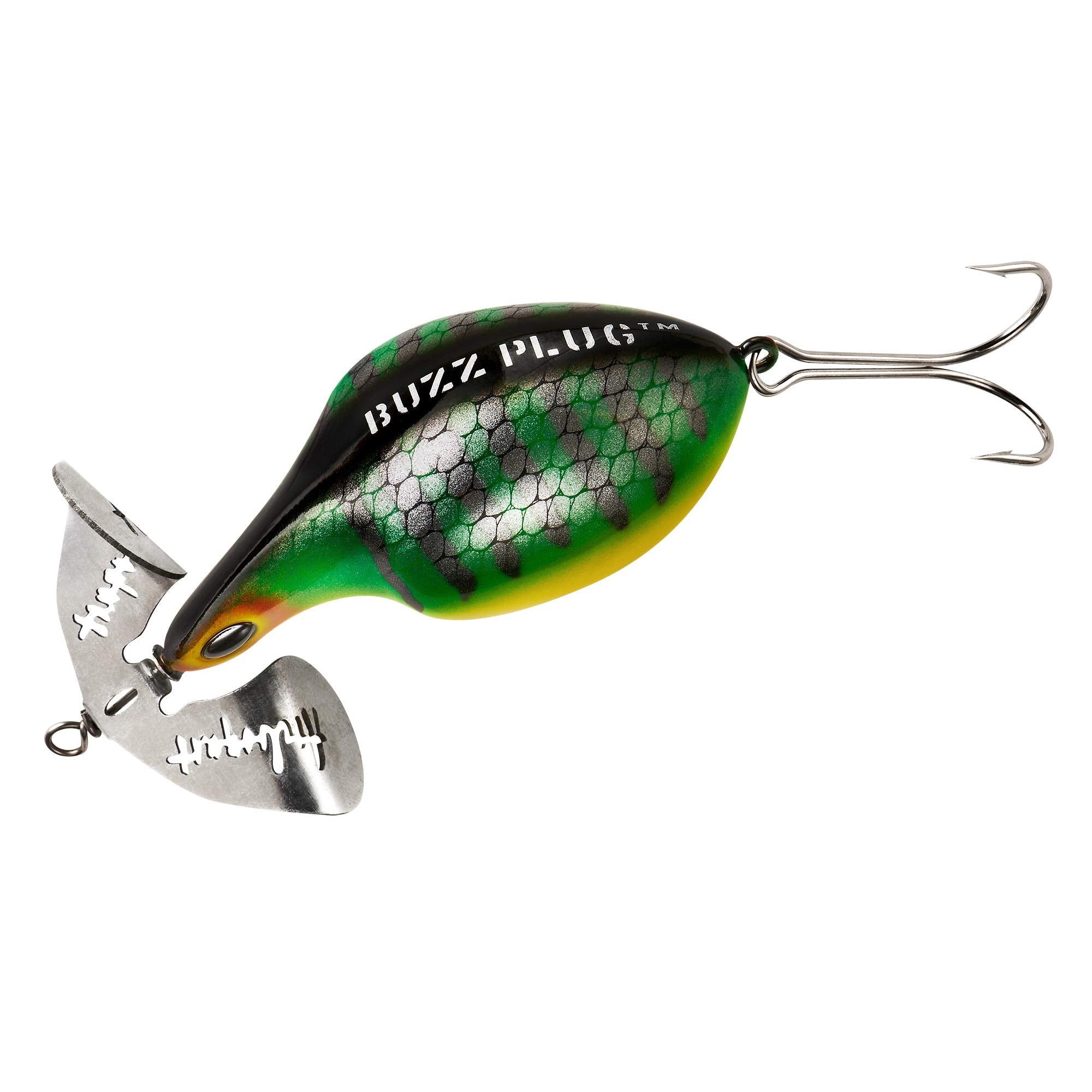 Arbogast Buzz Plug front blade displayed, highlighting precise hook placement for confident strikes.