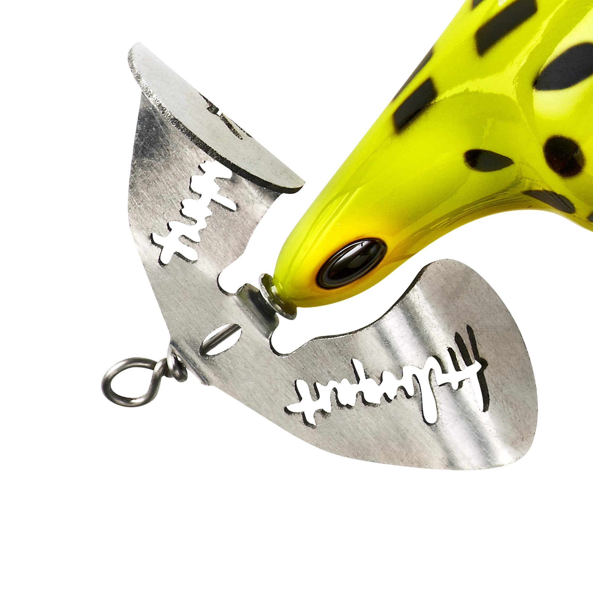 Arbogast Buzz Plug side view shows the upturned double hooks for weedless performance.