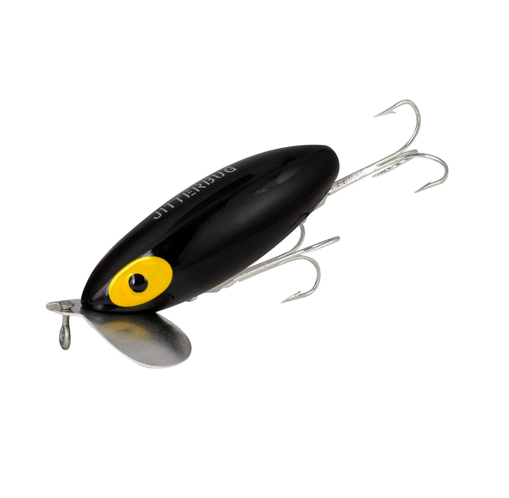 Arbogast Clicker Jitterbug topwater lure in black for night bass surface action.