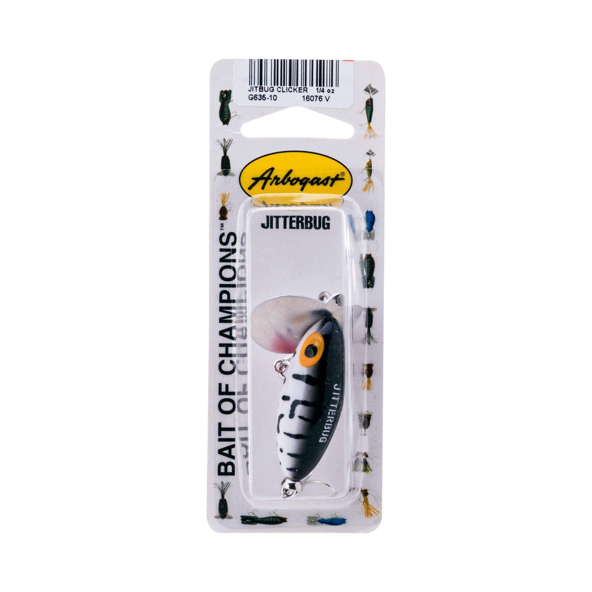 Arbogast Clicker Jitterbug two hook design improves surface strike hookups