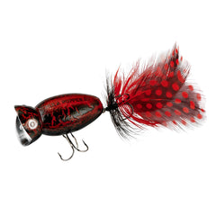 Arbogast Hula Popper 2.0 close-up highlighting crackle pattern and rear feather treble for more strikes.
