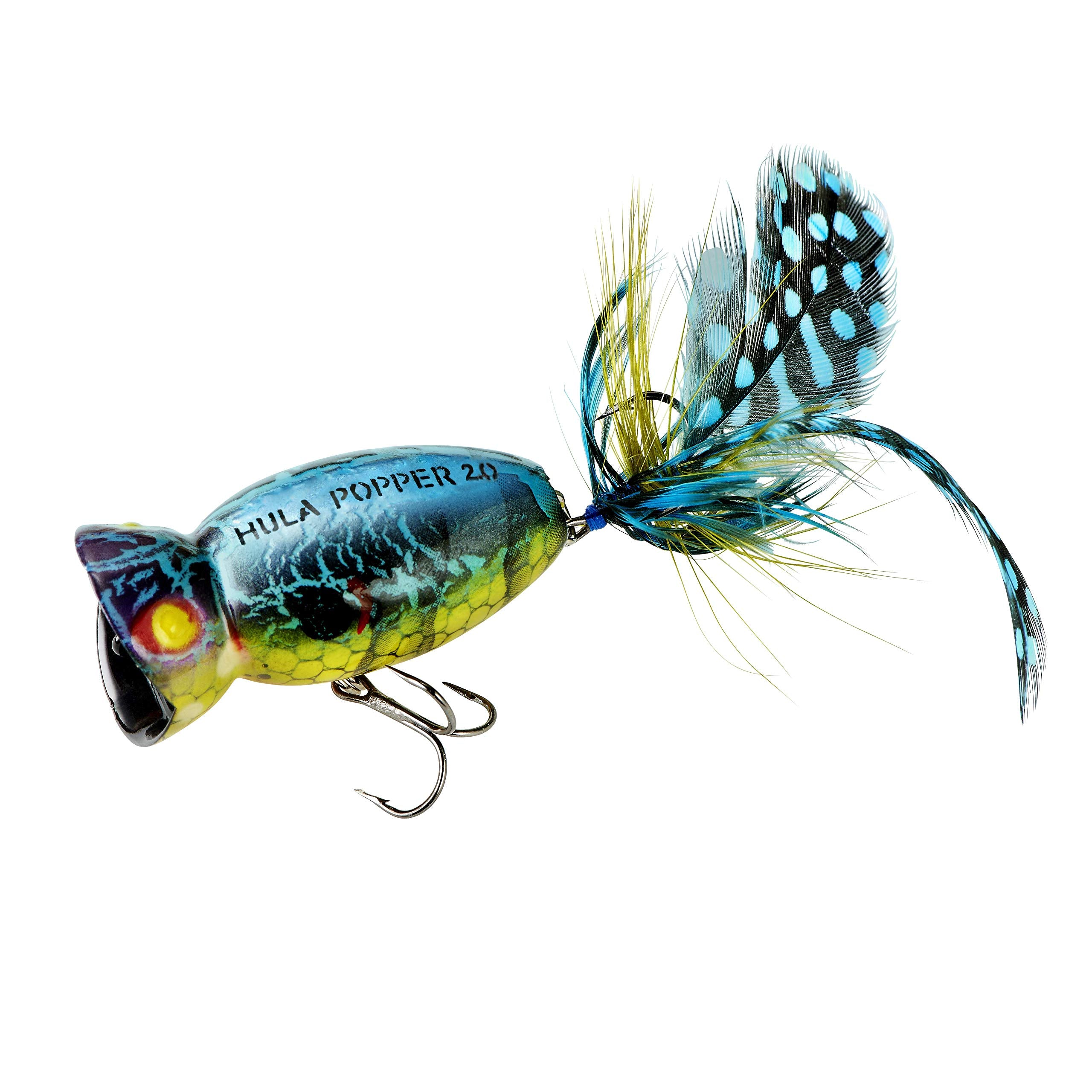 Arbogast Hula Popper 2.0 with feathered treble hook captures more strikes in shallow waters.