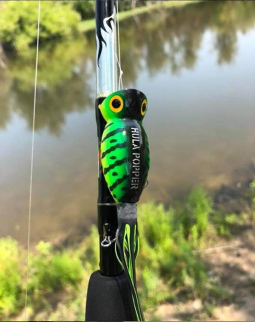 Arbogast Hula Popper cupped lip displaces water with each twitch.