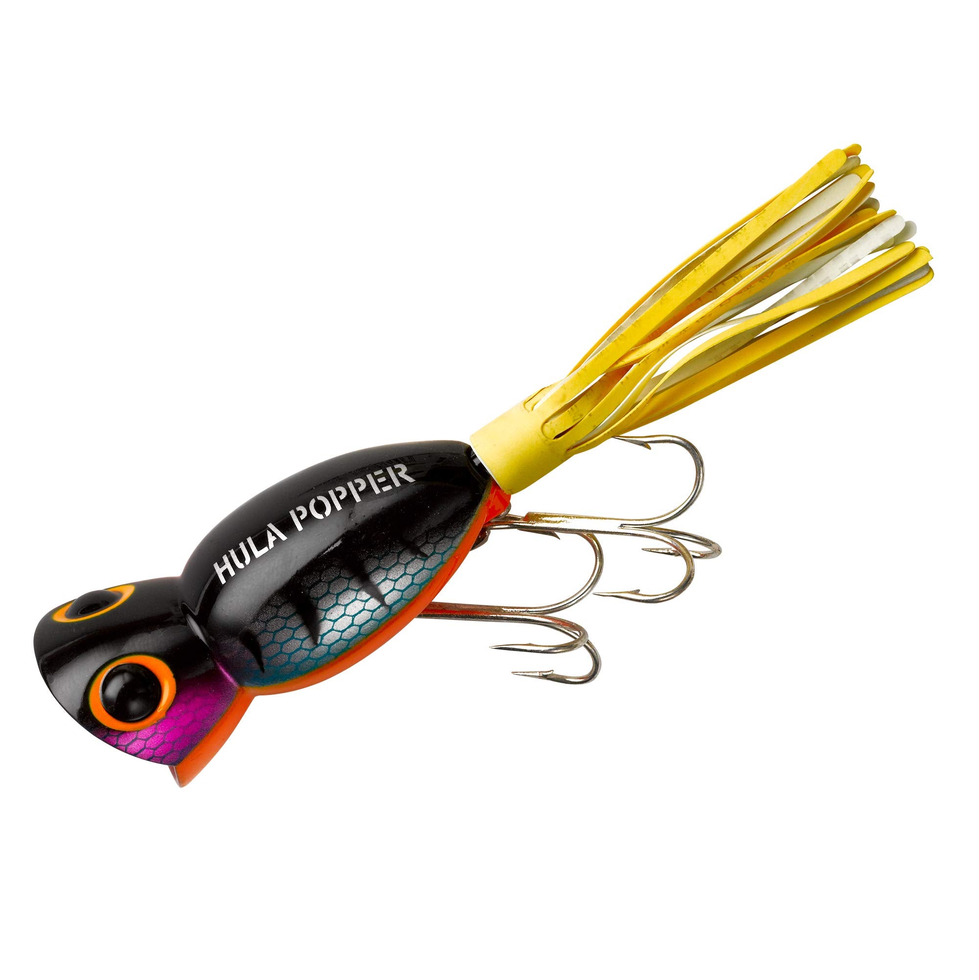 Arbogast Hula Popper front view with perch pattern for topwater action