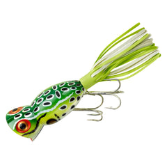 Arbogast Hula Popper Leopard Frog 2-inch poised for topwater strikes around submerged timber