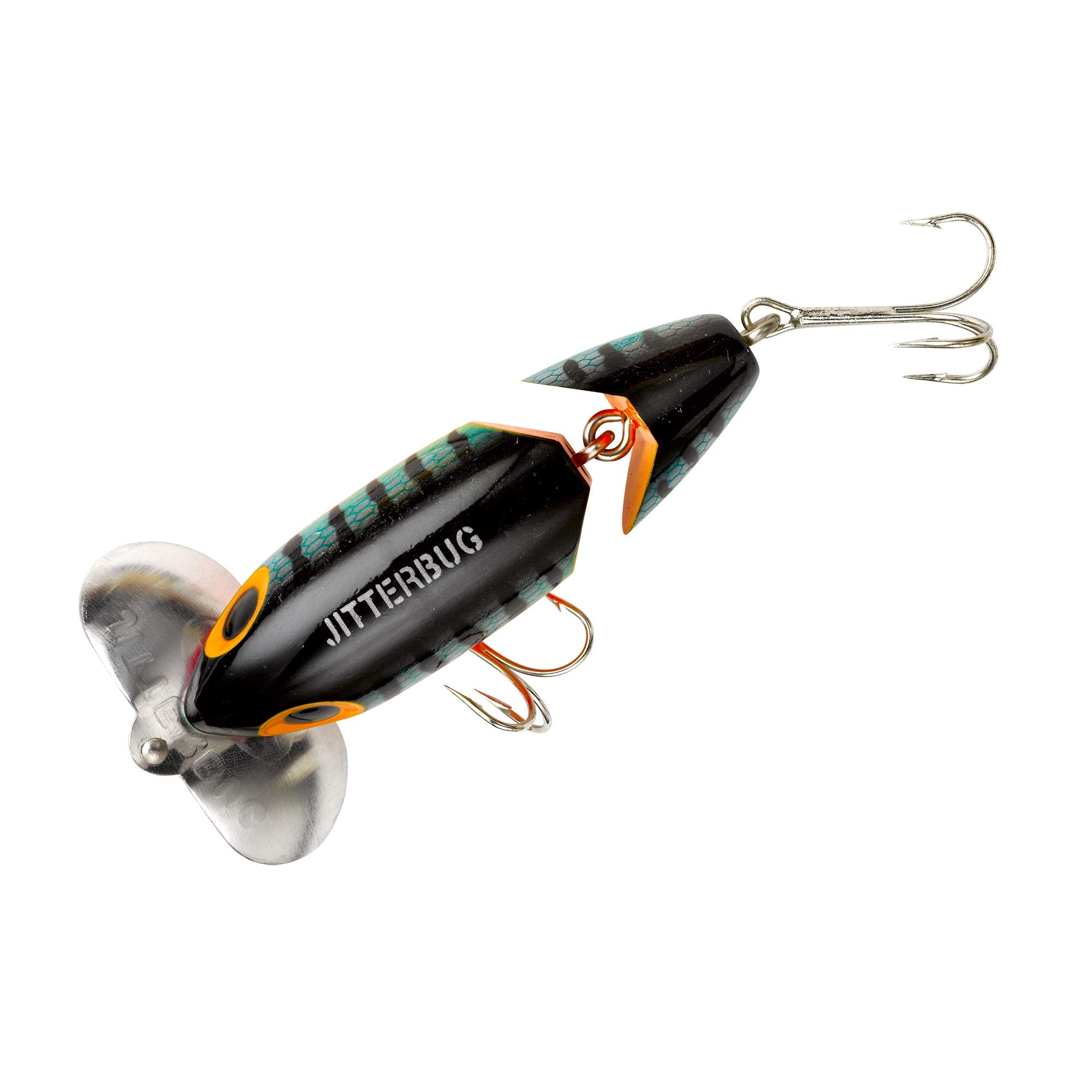 Arbogast Jitterbug with audible click enhances surface attraction for bass and sunfish.