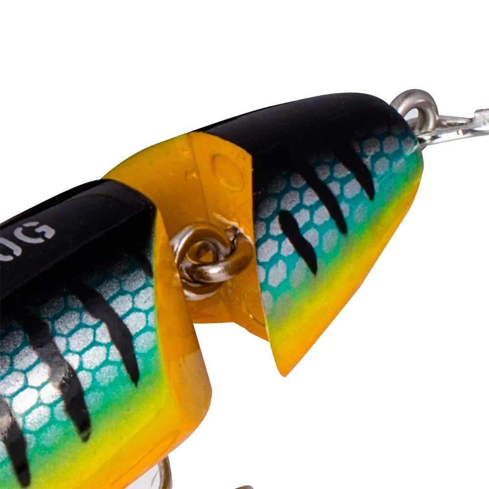 Arbogast Jitterbug double-hook design helps secure topwater strikes effectively.