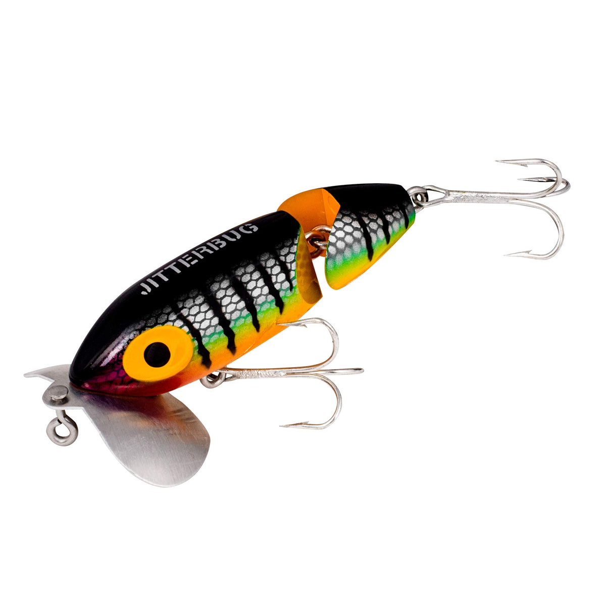 Arbogast Jointed Clicker Jitterbug topwater lure delivering night-time surface strikes for bass.