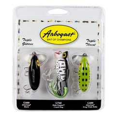 Arbogast triple threat pack showing three topwater lures for bass fishing