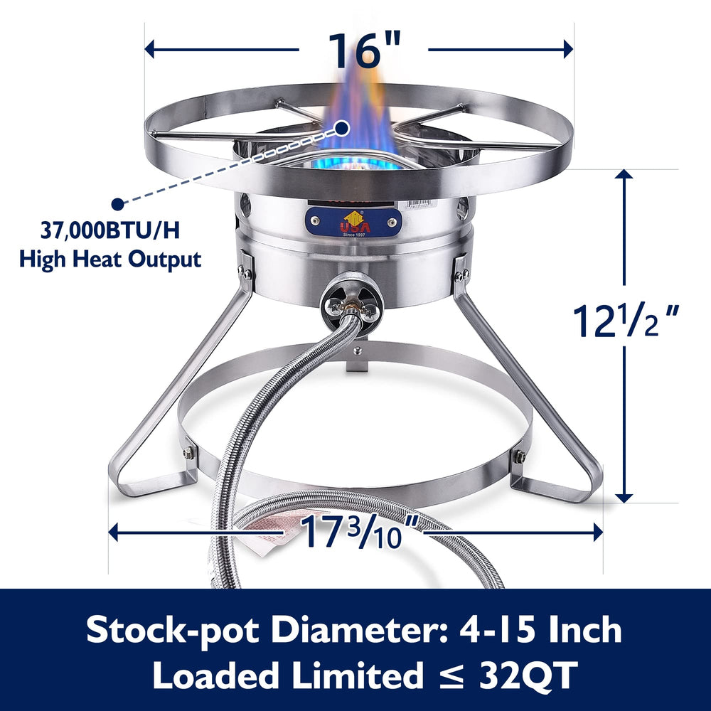 ARC Burner 37,000-BTU adjustable burner highlights high heat for large pots.