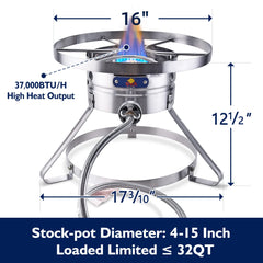 ARC Burner 37,000-BTU adjustable burner highlights high heat for large pots.