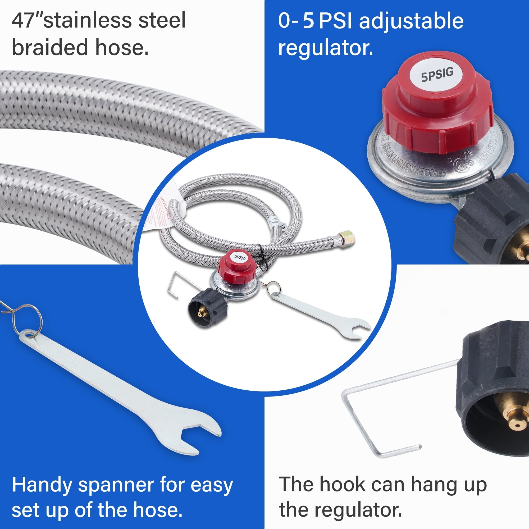ARC Burner adjustable-regulator image highlights CSA-certified regulator and long hose.