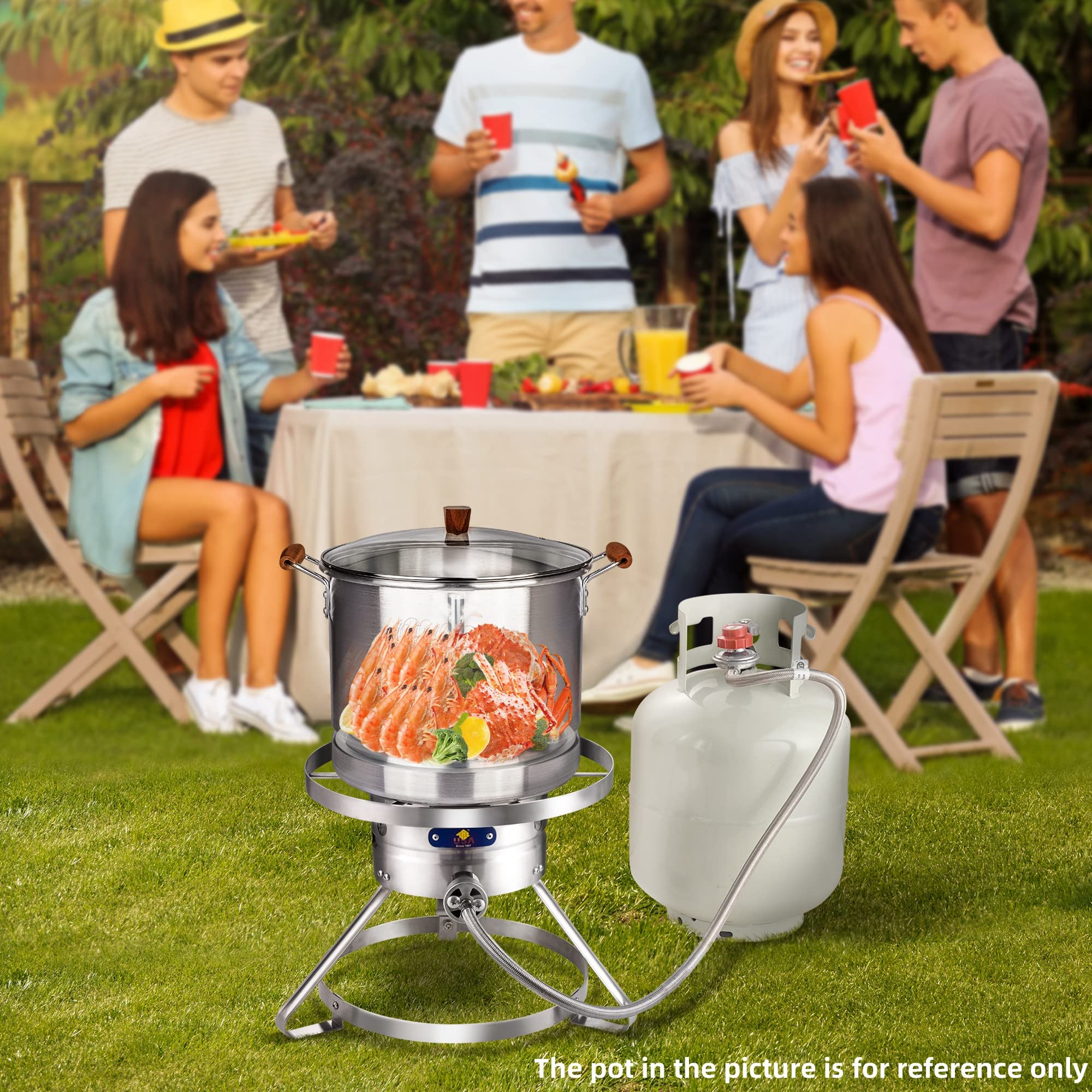 ARC Burner outdoor-cooking-setup demonstrates versatile use with stock pots and turkey fryers.