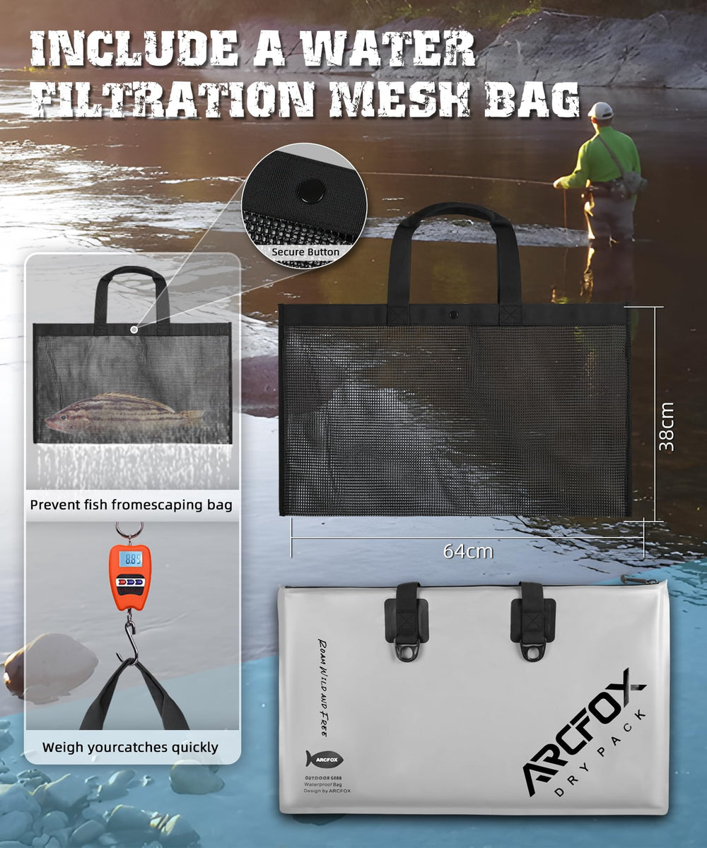 ARCFOX Live Fish Bag leakproof airtight zipper keeps water out during transport.