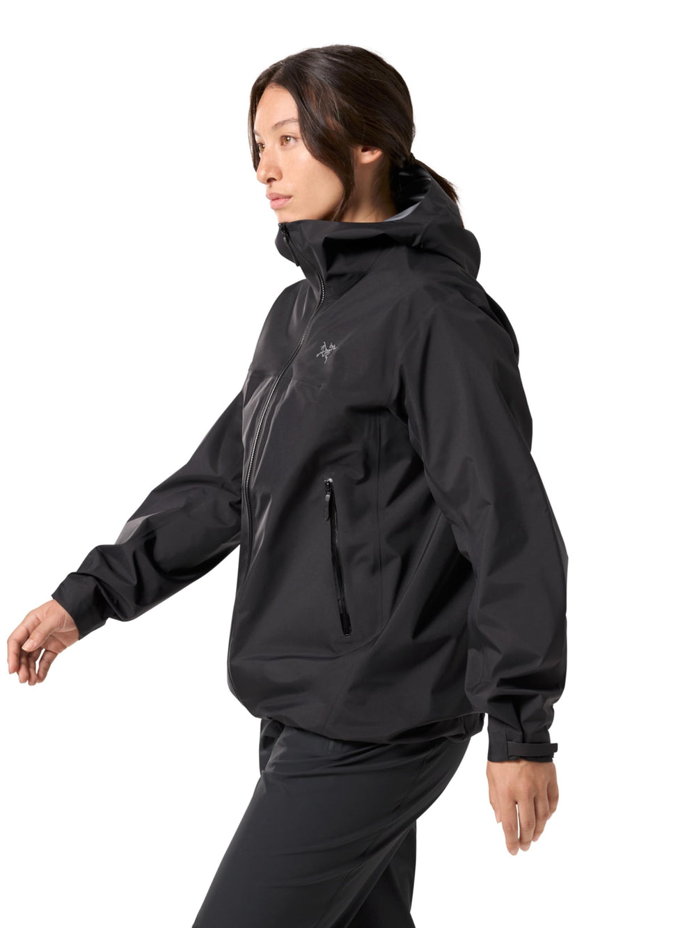 Arc'teryx Beta Jacket Women's storm hood close-up emphasizes weather protection with clear visibility.