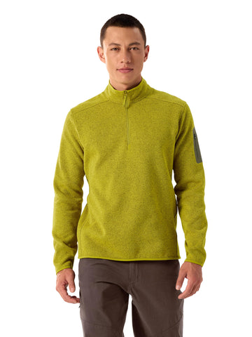 Arc'teryx Covert 1/2 Zip Neck olive moss collar for warmth.