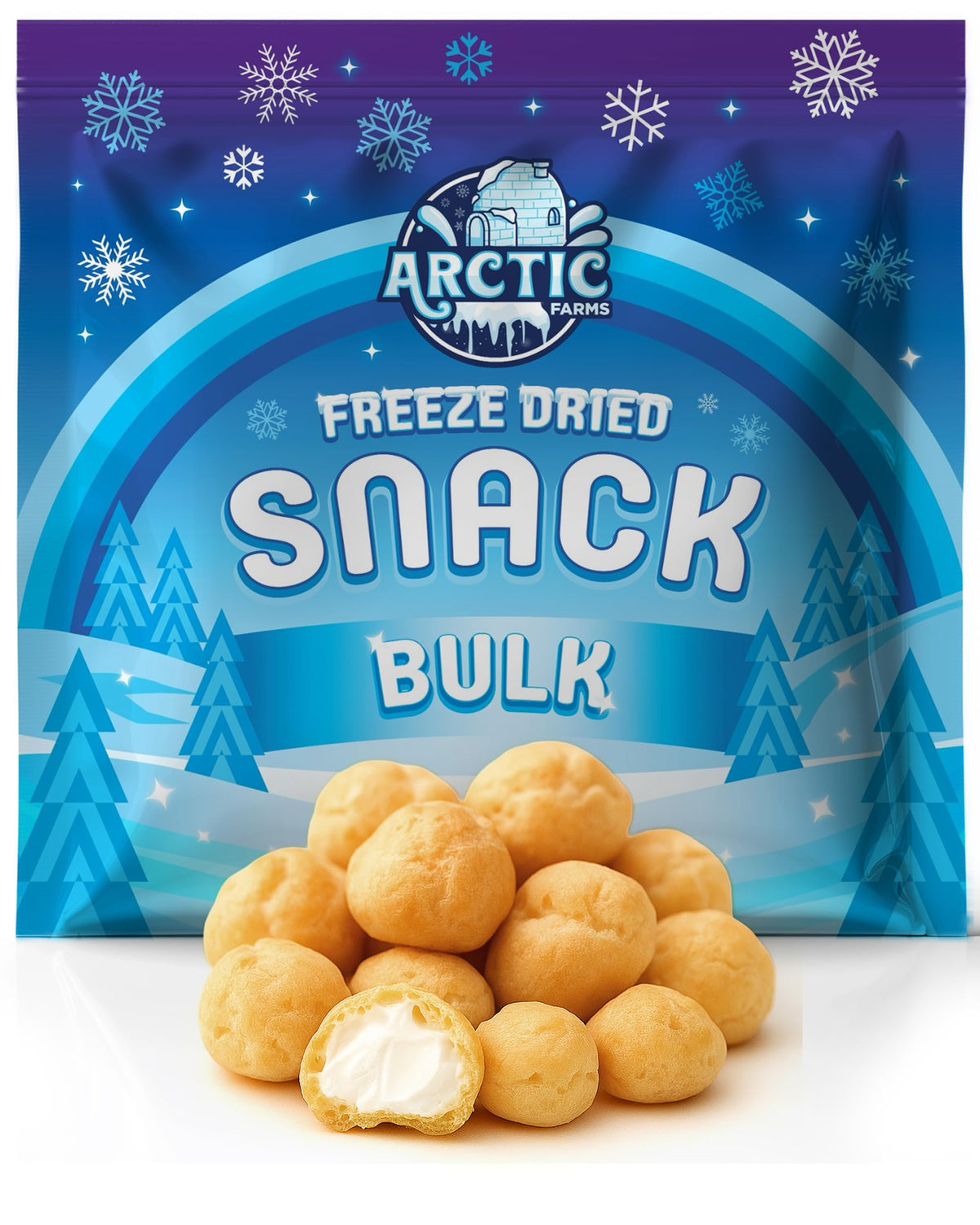 Arctic Farms Belgian Cream Puffs show a crisp shell with vanilla center, a snack-ready image.