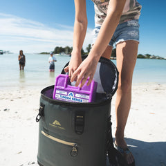 Arctic Ice Tundra Series purple medium 1.5 lb inside cooler, demonstrating steady temperatures.