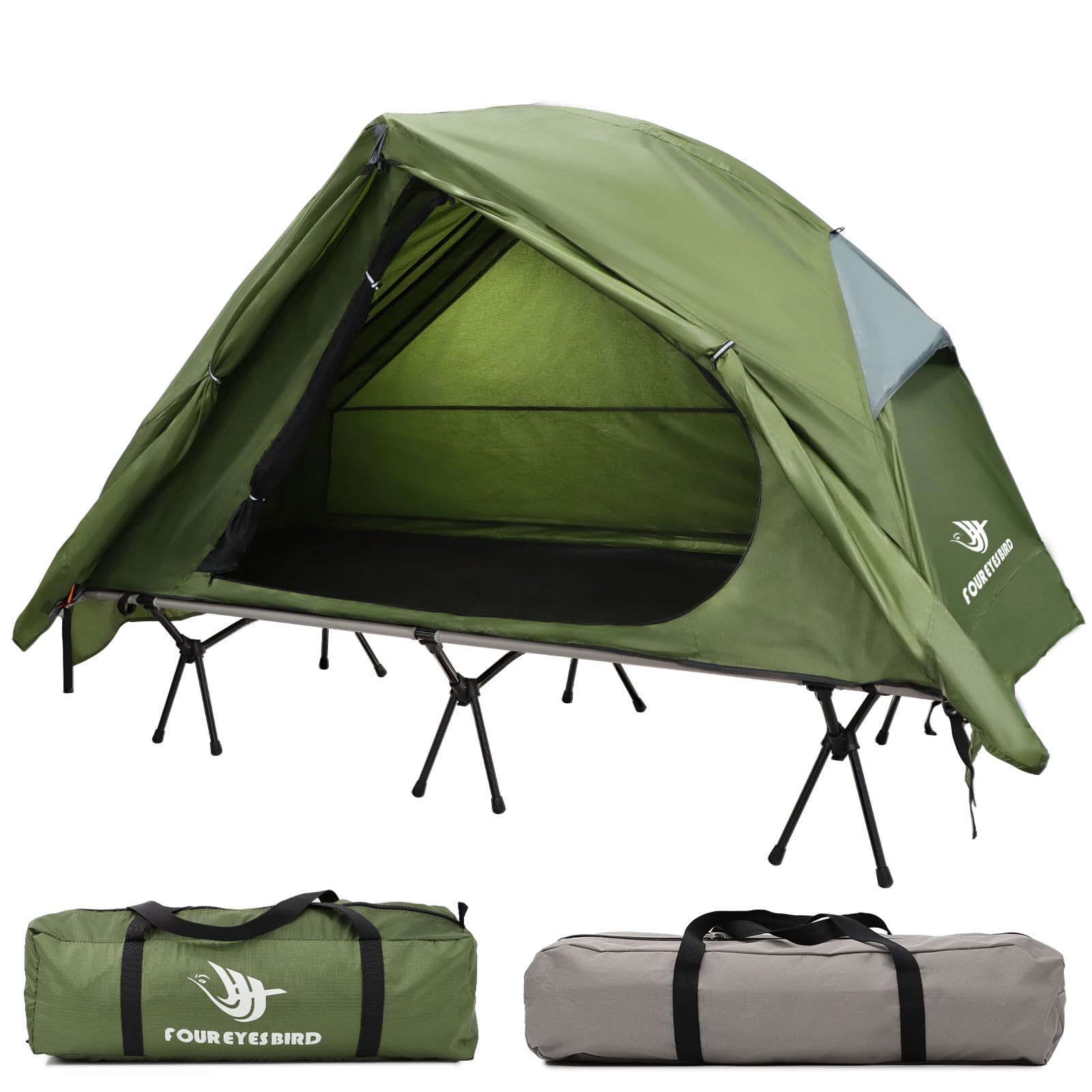 Arctic Lemmings camping cot tent assembled for solo camping, elevating sleep above the ground.