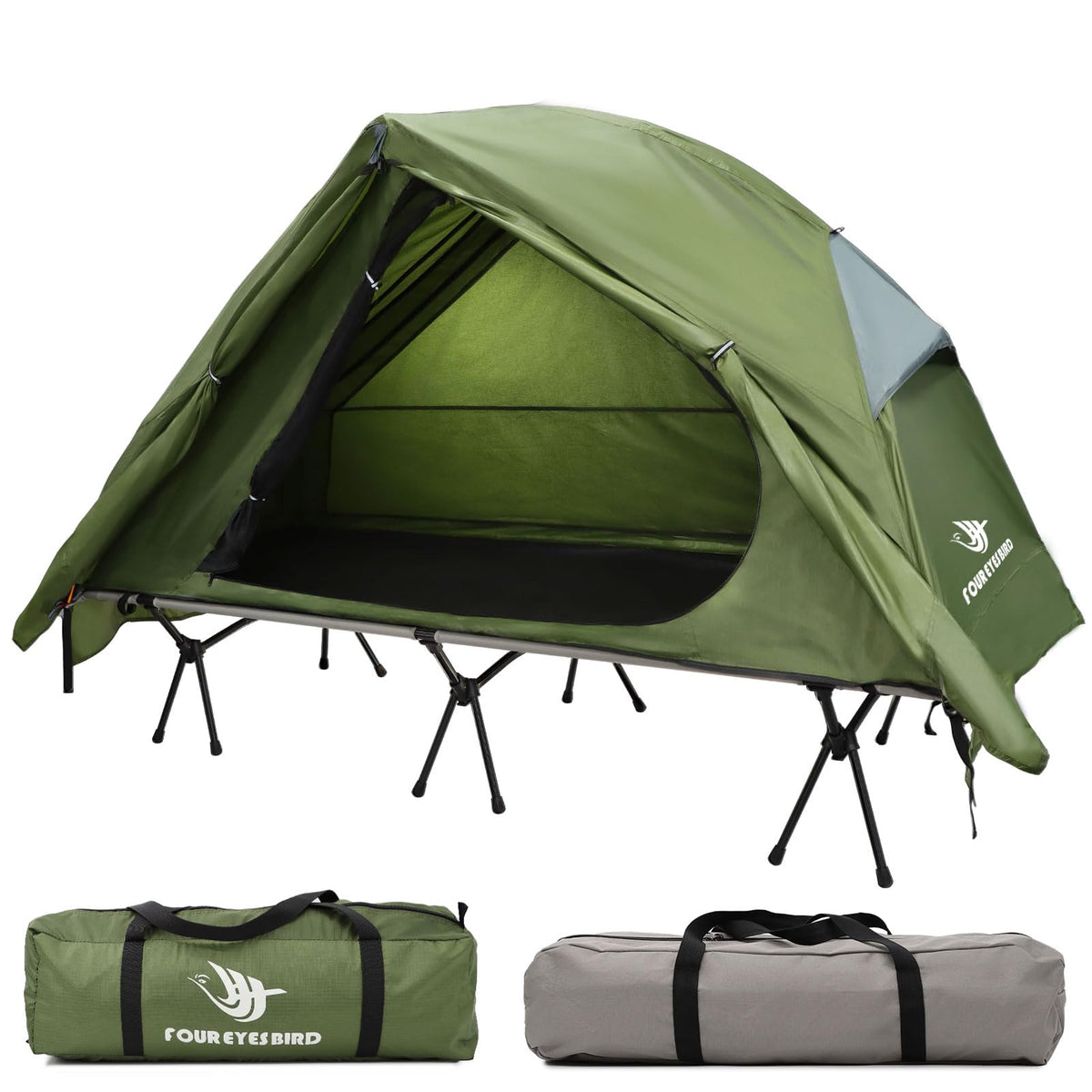 Arctic Lemmings camping cot tent assembled for solo camping, elevating sleep above the ground.