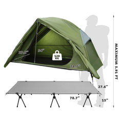 Arctic Lemmings elevated cot-tent bed setup, showcasing portable compact design.