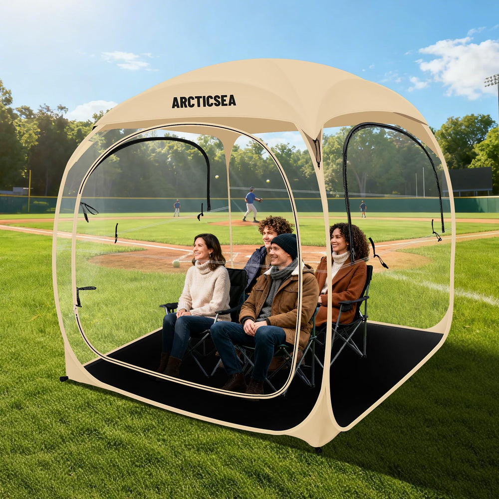 ARCTICSEA portable shelter between venues beige is easy to transport.