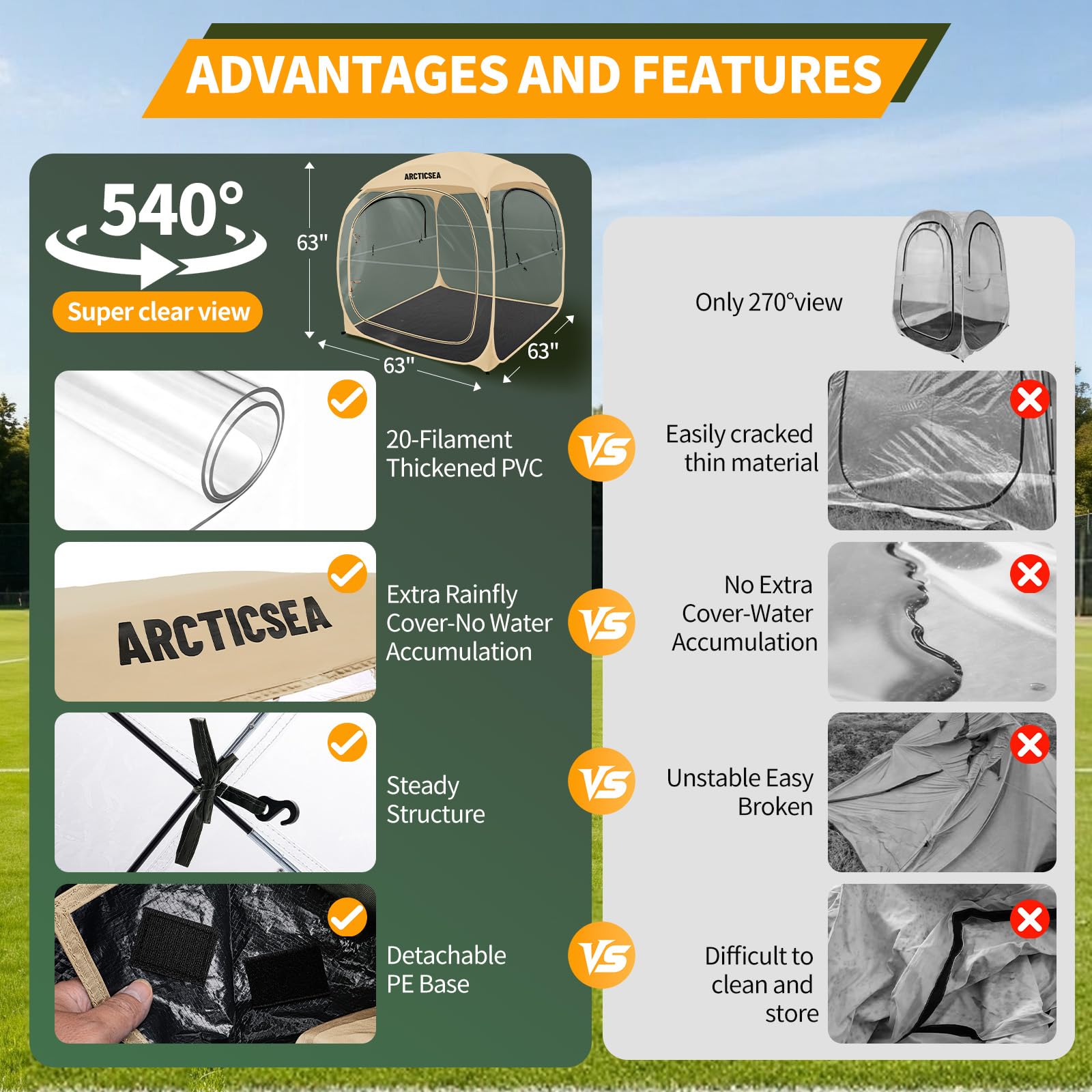 ARCTICSEA removable top beige shelter allows adaptable coverage during events.