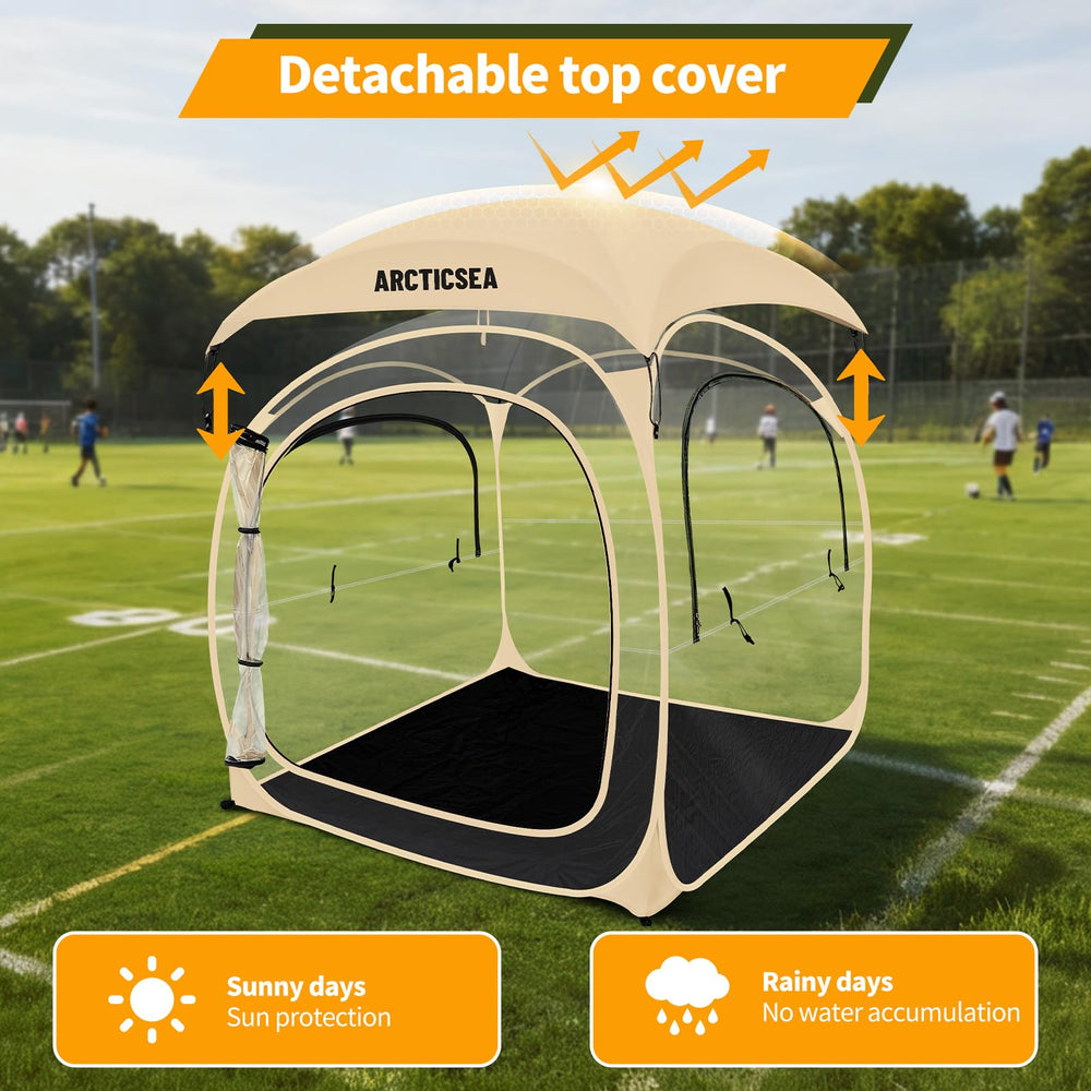 ARCTICSEA sealed-floor tent beige keeps feet dry on damp fields.