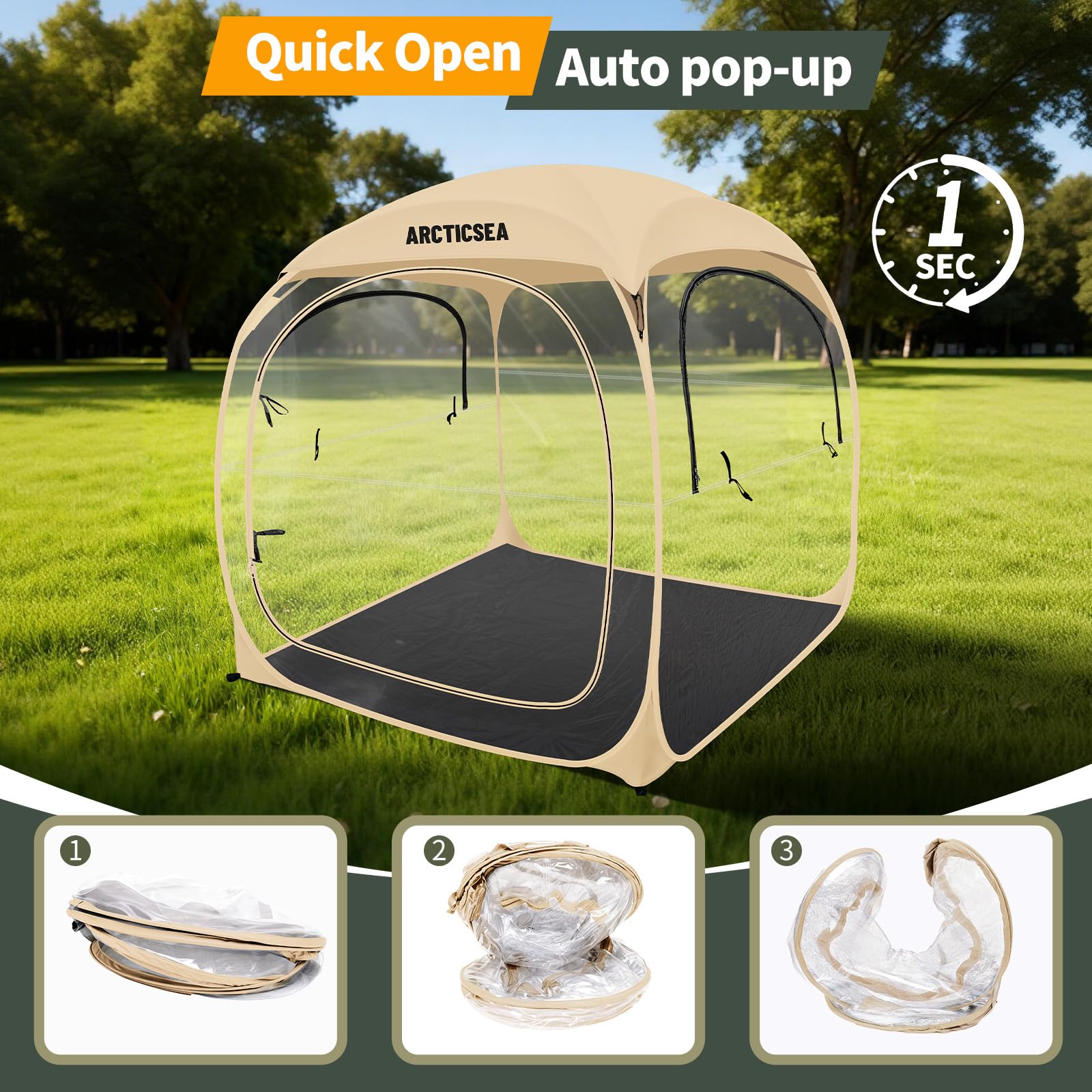 ARCTICSEA weatherproof shelter beige side panels offer clear visibility and shelter.