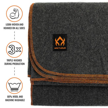 Arcturus Military Wool Blanket at a woodland campsite showcases versatile outdoor warmth.
