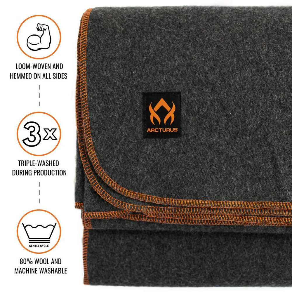 Arcturus Military Wool Blanket at a woodland campsite showcases versatile outdoor warmth.
