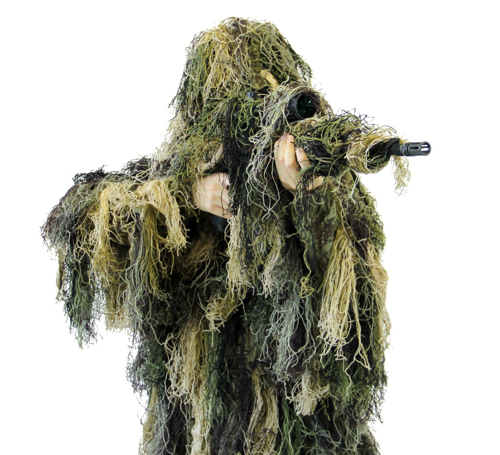 Arcturus Warrior ghillie suit jacket blends with vegetation in woodland terrain.