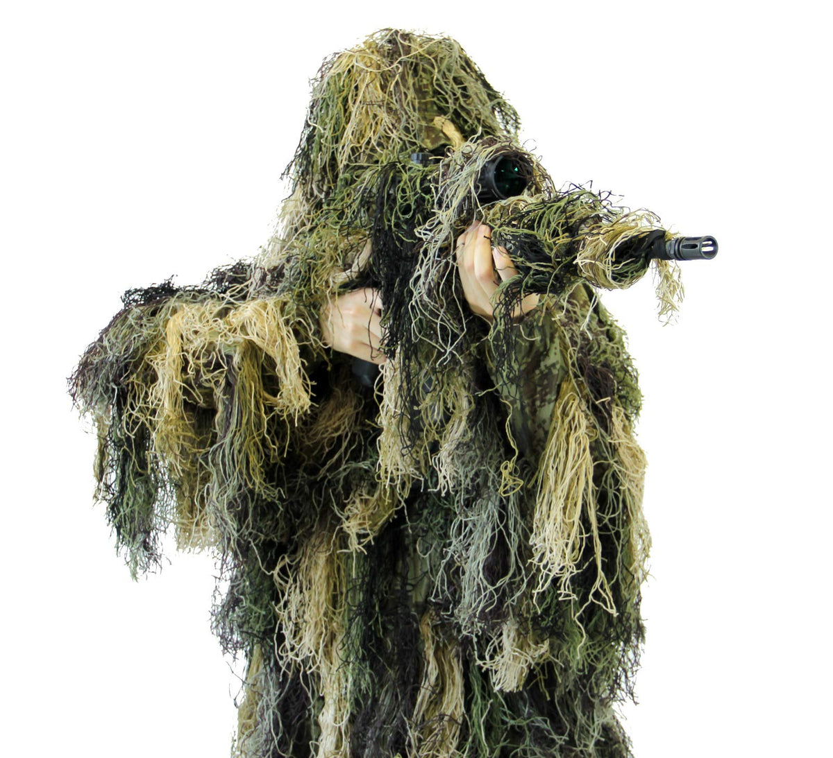 Arcturus Warrior ghillie suit jacket blends with vegetation in woodland terrain.