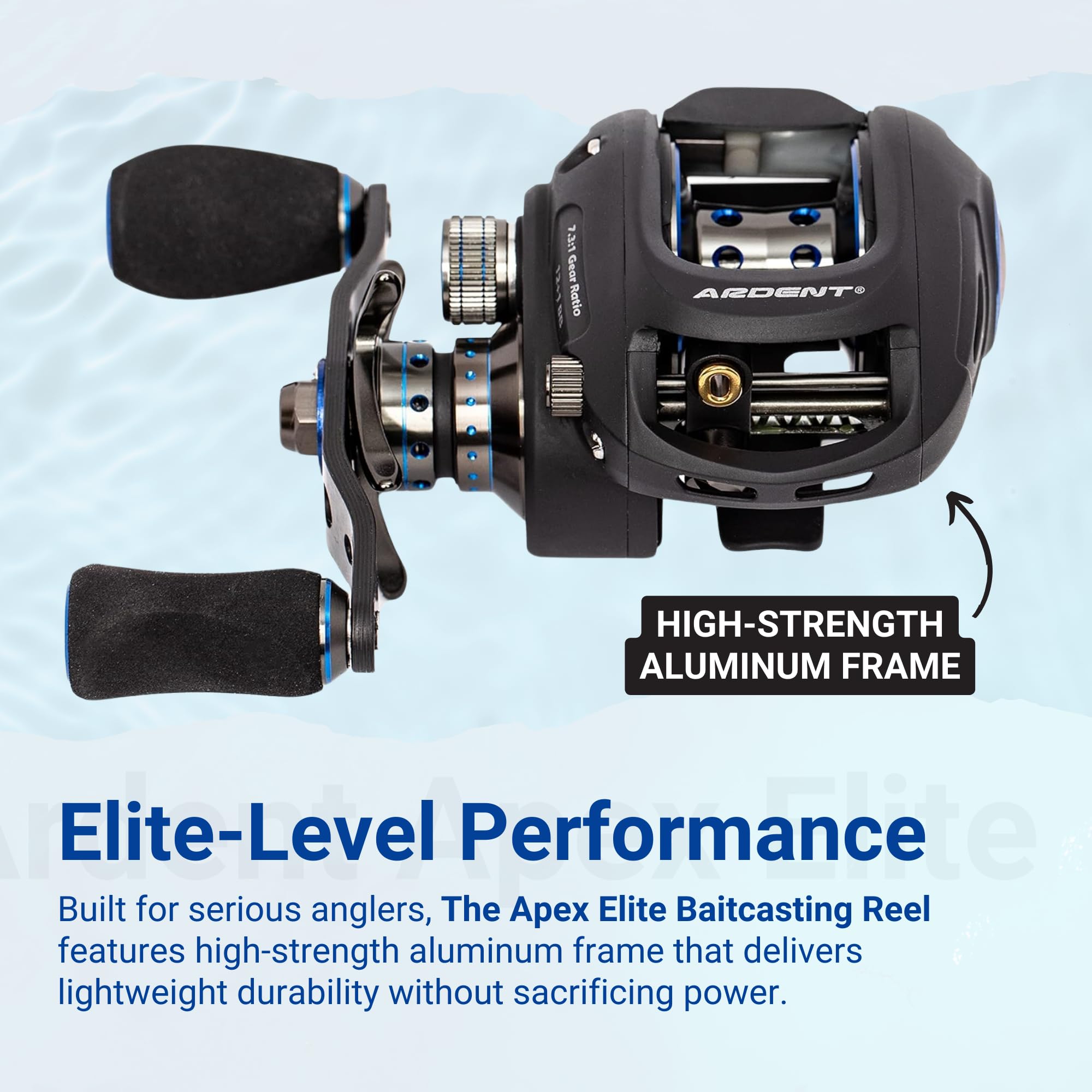 Ardent Apex Elite baitcasting reel dial brake view emphasizes customizable braking for reduced backlash.