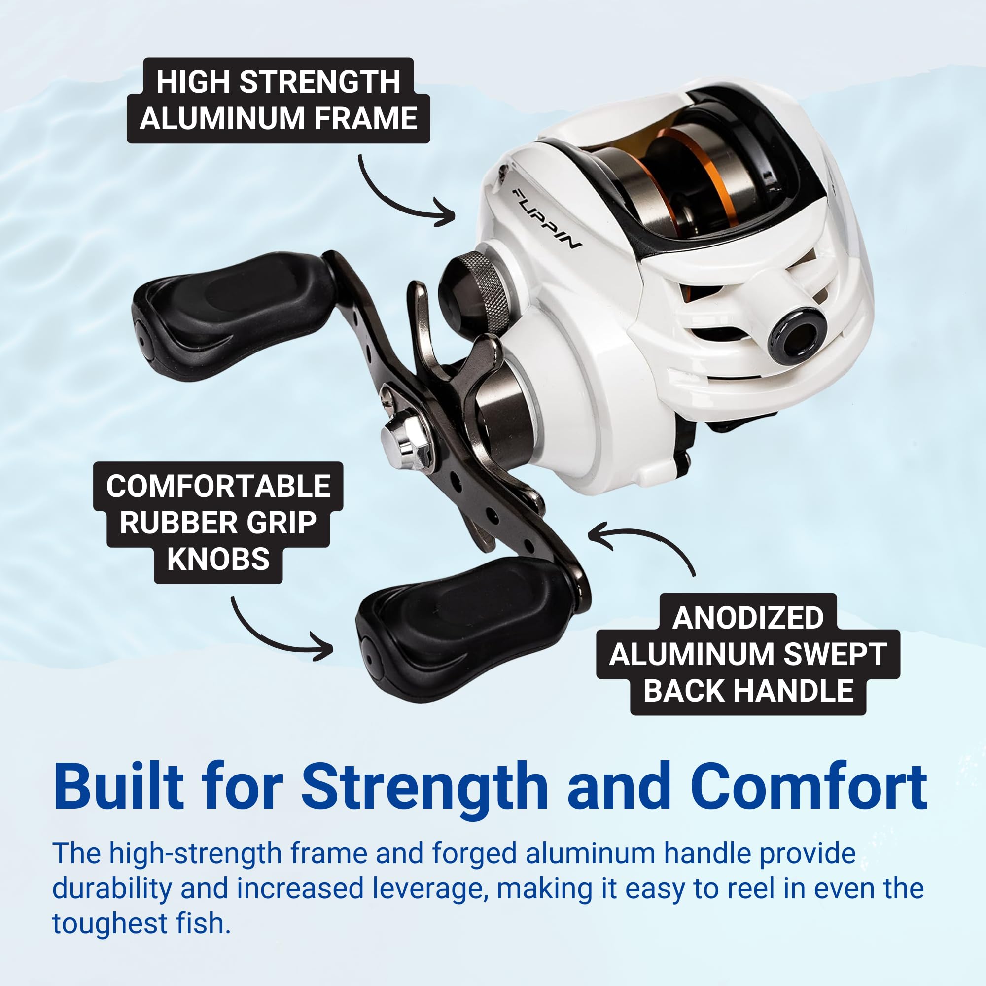 Ardent Arrow reel aluminum frame and forged handle for rugged durability.