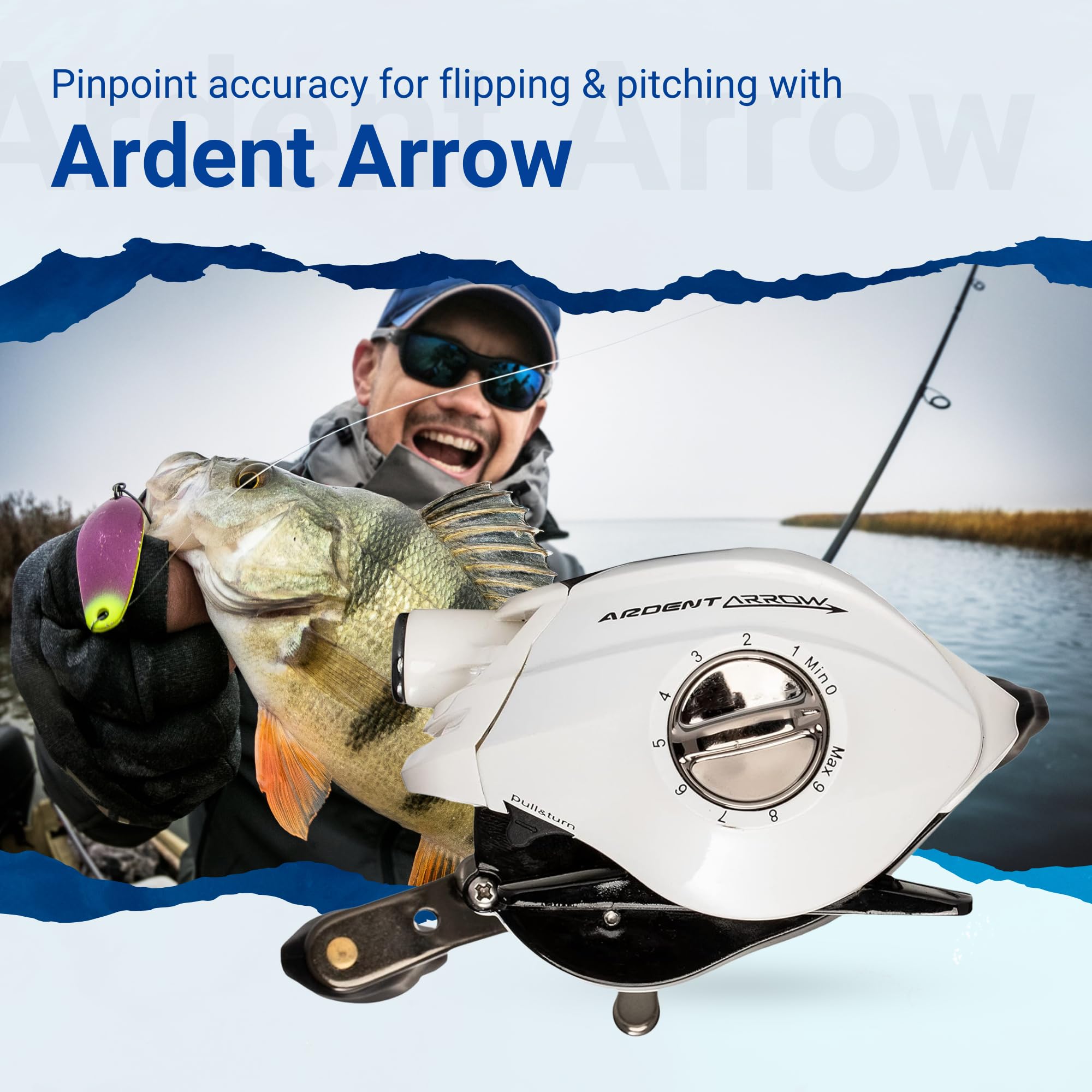 Ardent Arrow flipping reel shows line guide and compact frame for quick setup.