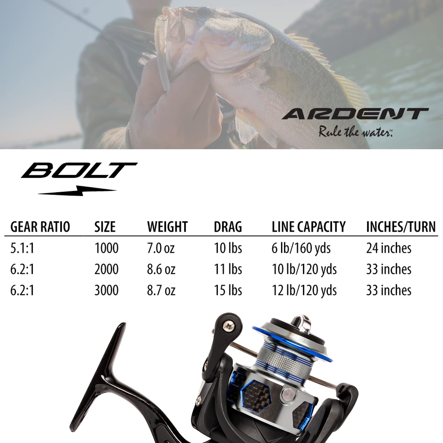 Ardent Bolt 2000 with 9plus1 bearings delivers smooth casting motion.