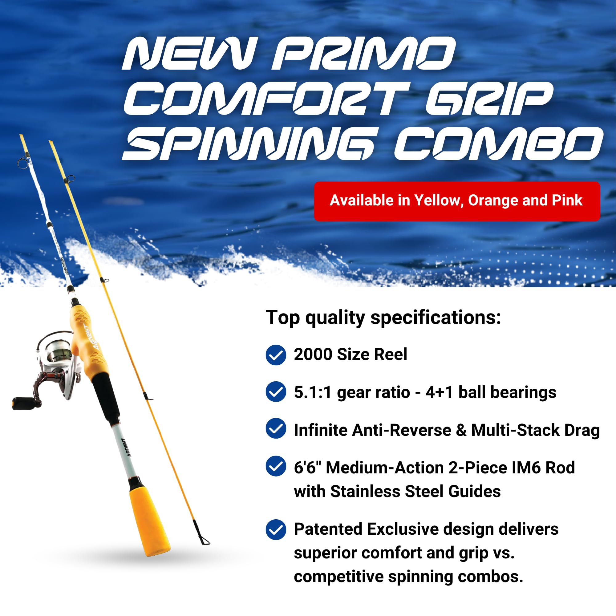Detail shot of the 2000-size spinning reel on the Primo combo
