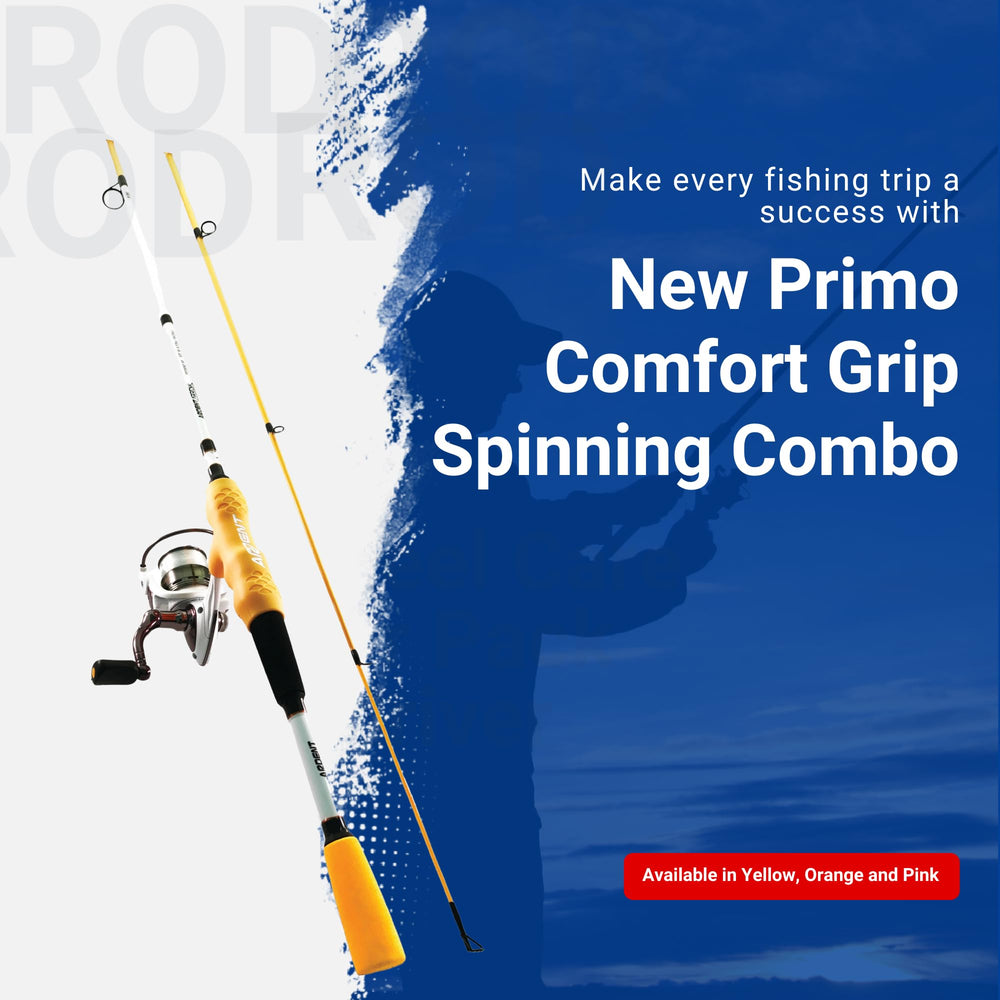 Side view of the orange Primo Comfort Grip rod and reel