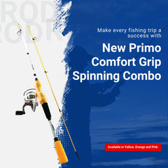 Side view of the orange Primo Comfort Grip rod and reel