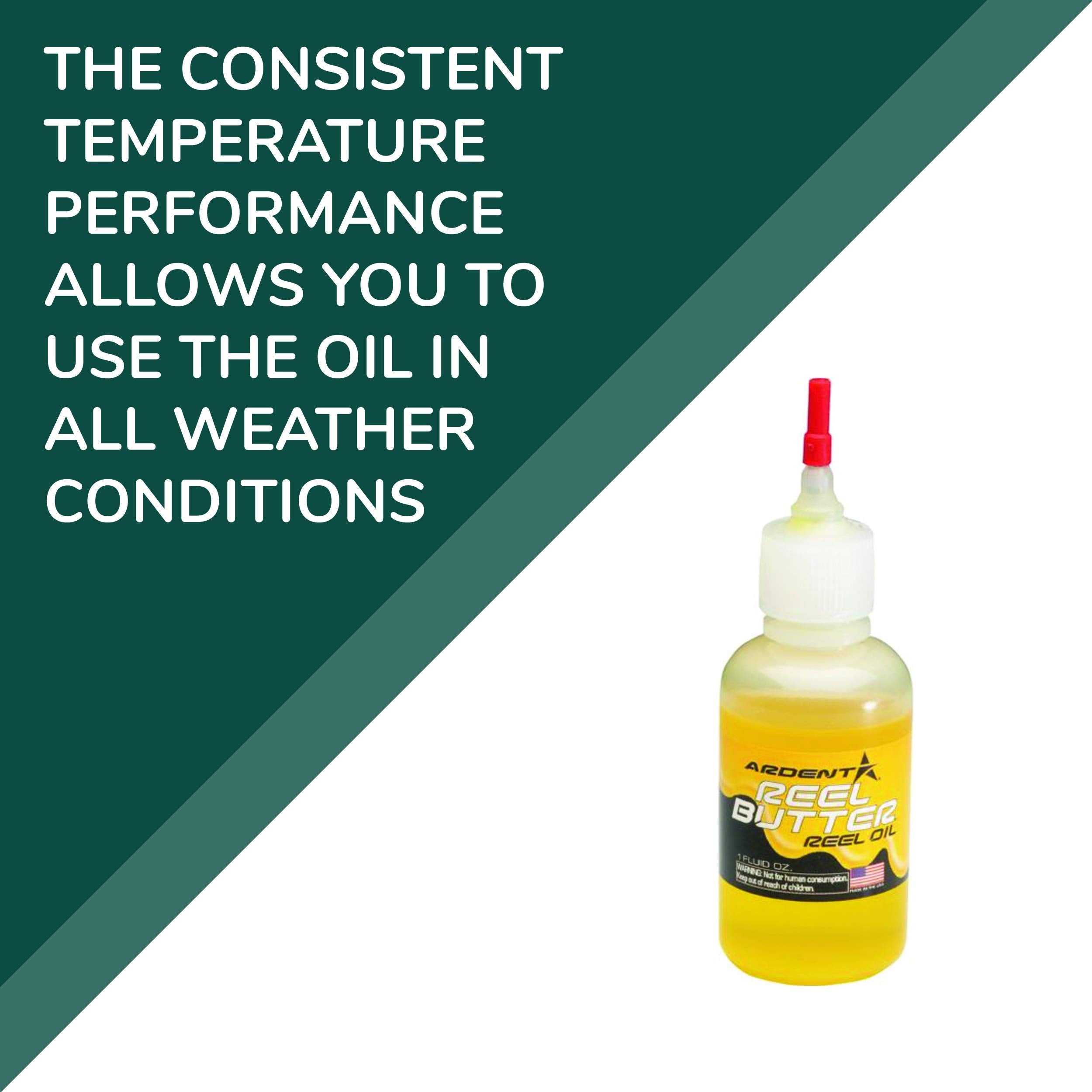 Ardent Reel Butter Oil anti-gumming detail highlights compatibility with reel components.