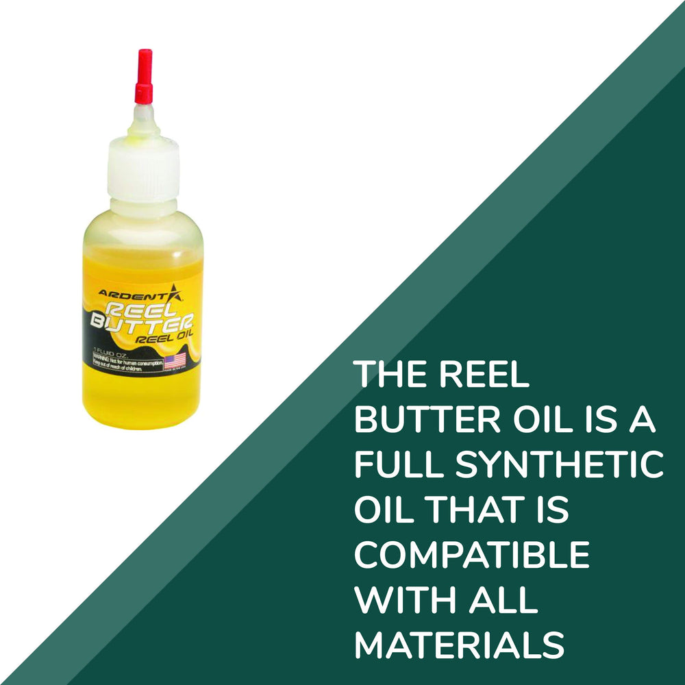Ardent Reel Butter Oil label closeup shows product details for precise care.