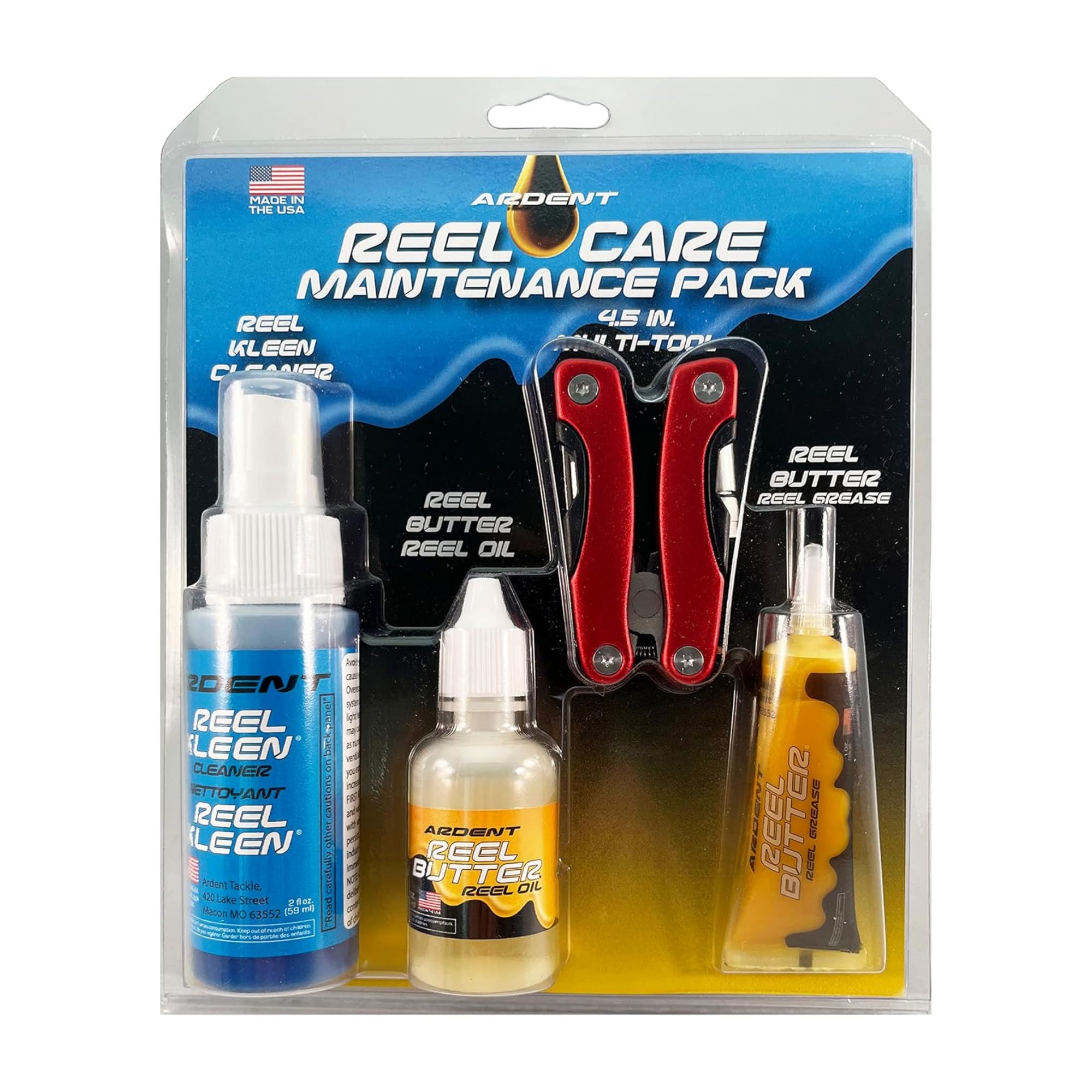 Ardent Freshwater Reel Care Maintenance Pack box with Reel Butter Grease, Oil, and Kleen Cleaner