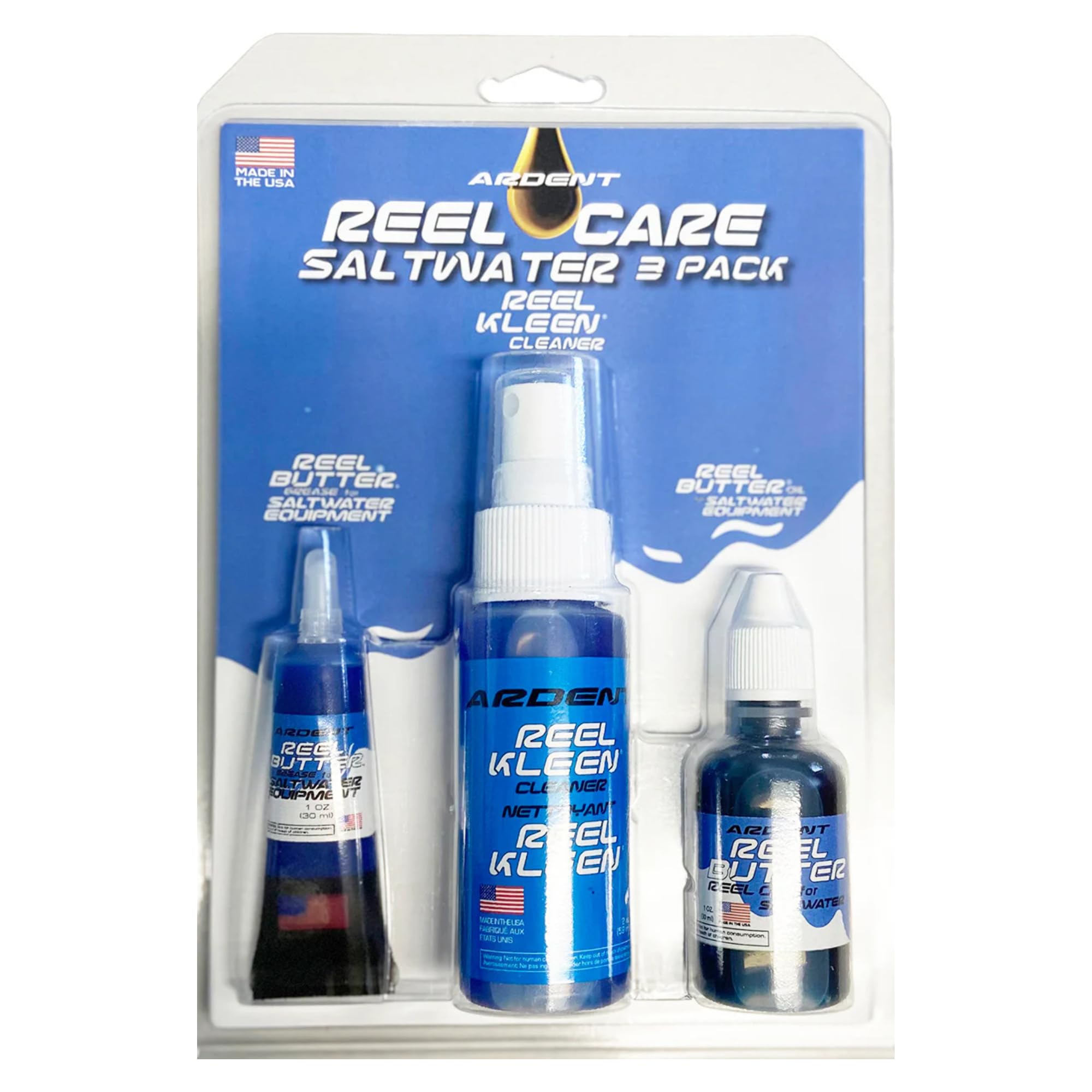 Ardent Saltwater Reel Care 3 Pack kit with Reel Kleen Cleaner, Reel Butter Oil, and Reel Butter Grease