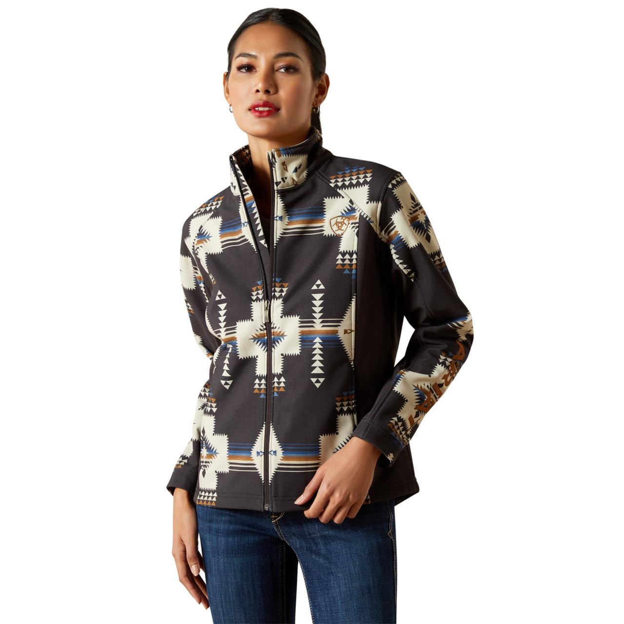 ARIAT Women Logo Softshell Jacket front view, a versatile everyday layer.