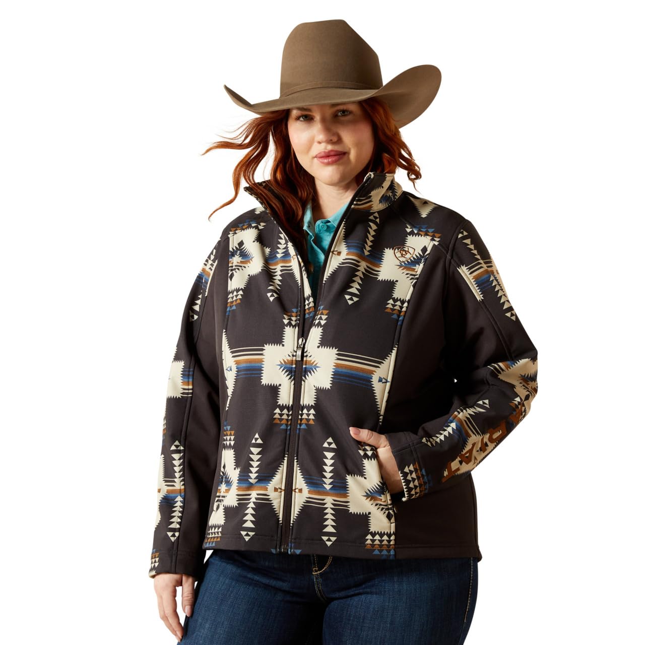 ARIAT Women Logo Softshell Jacket logo badge highlights brand heritage on chest.